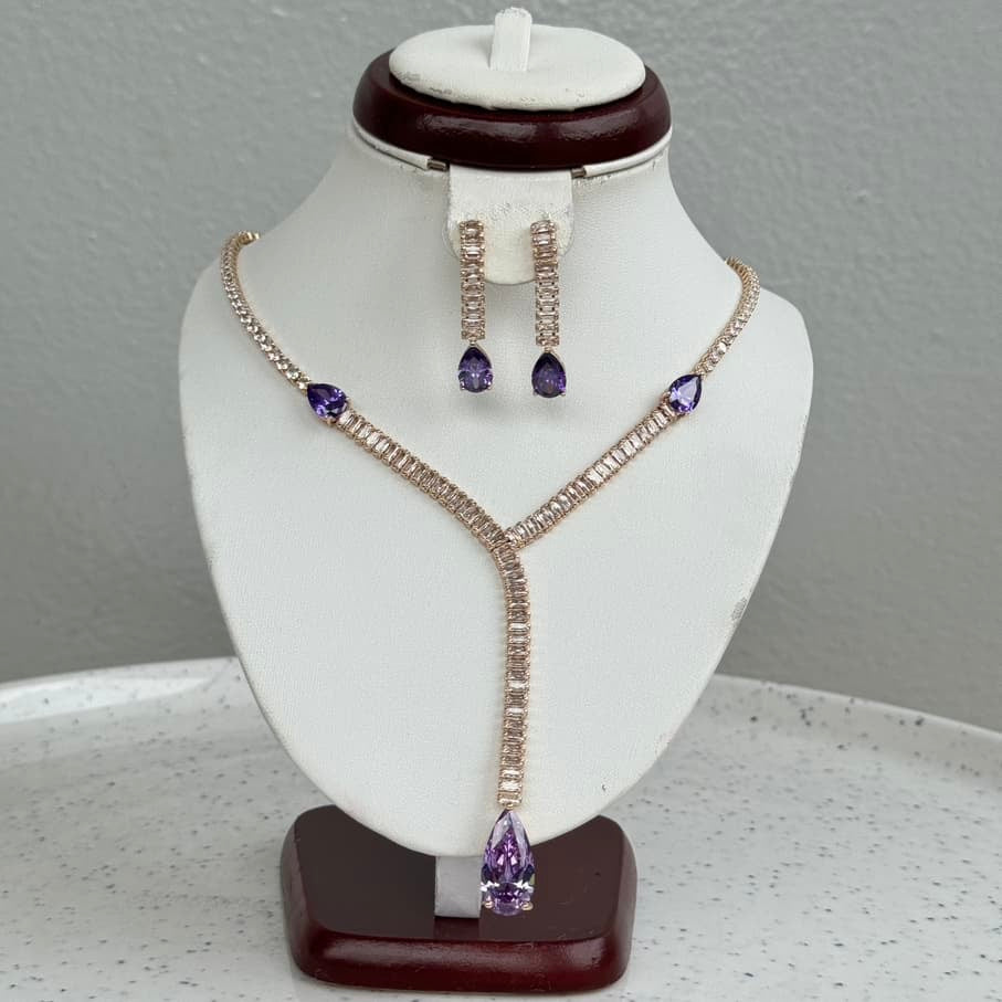 Gold Plated Long Pendant Cubic Zirconia Necklace and Earring Jewelry Set