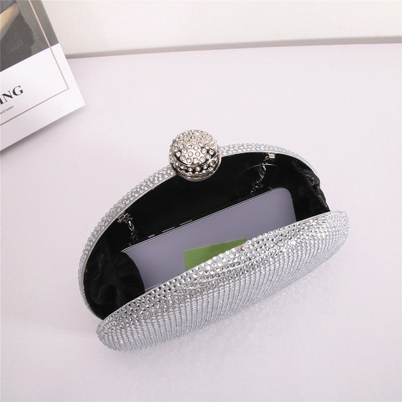 Half Moon Crystal Embellished Clutch Purse - Silver