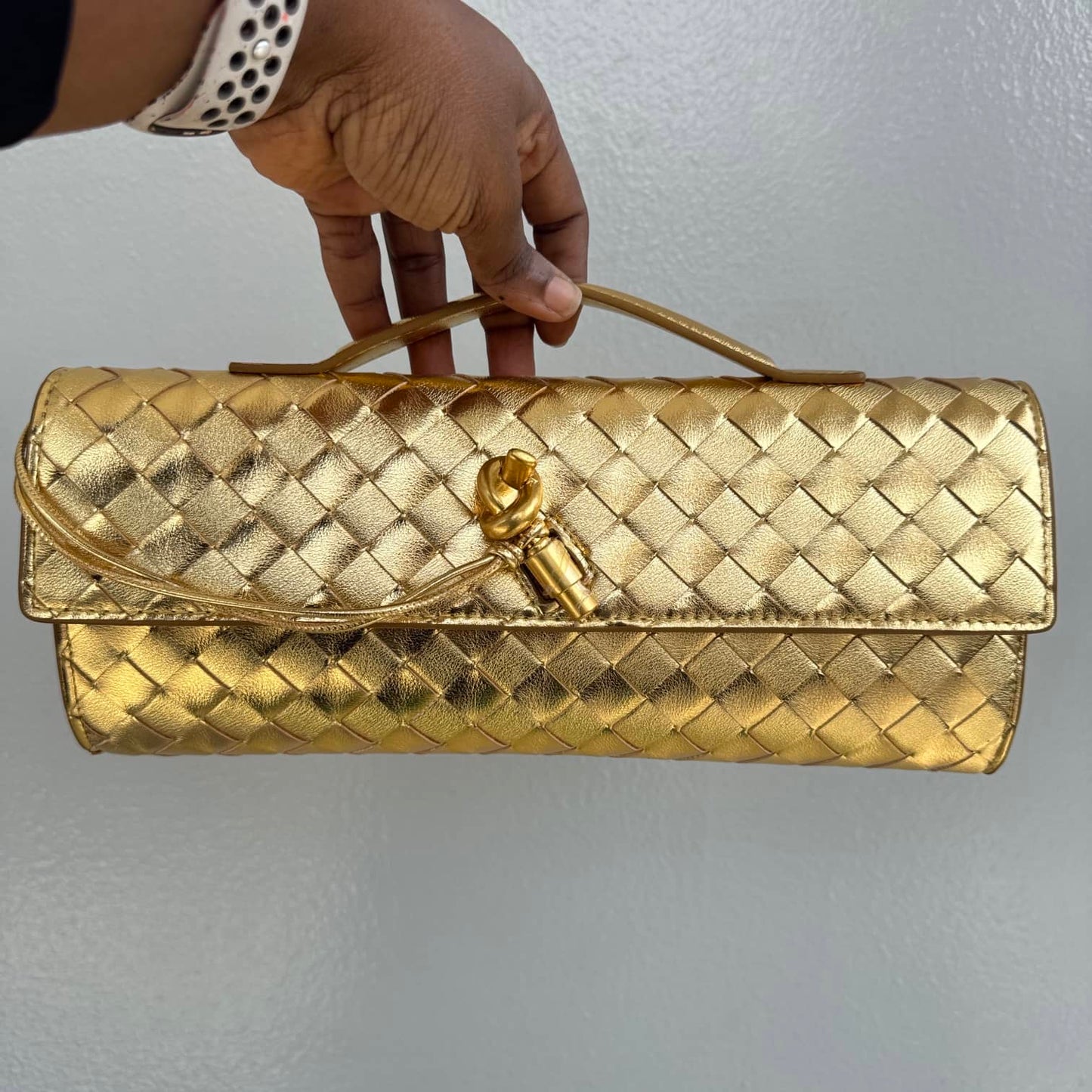 Weave Detail Metallic Long Clutch Purse