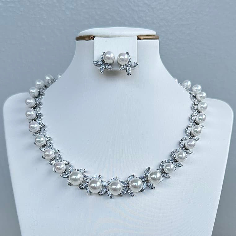 Pearl Round Cubic Zirconia Necklace and Earrings Jewelry Set