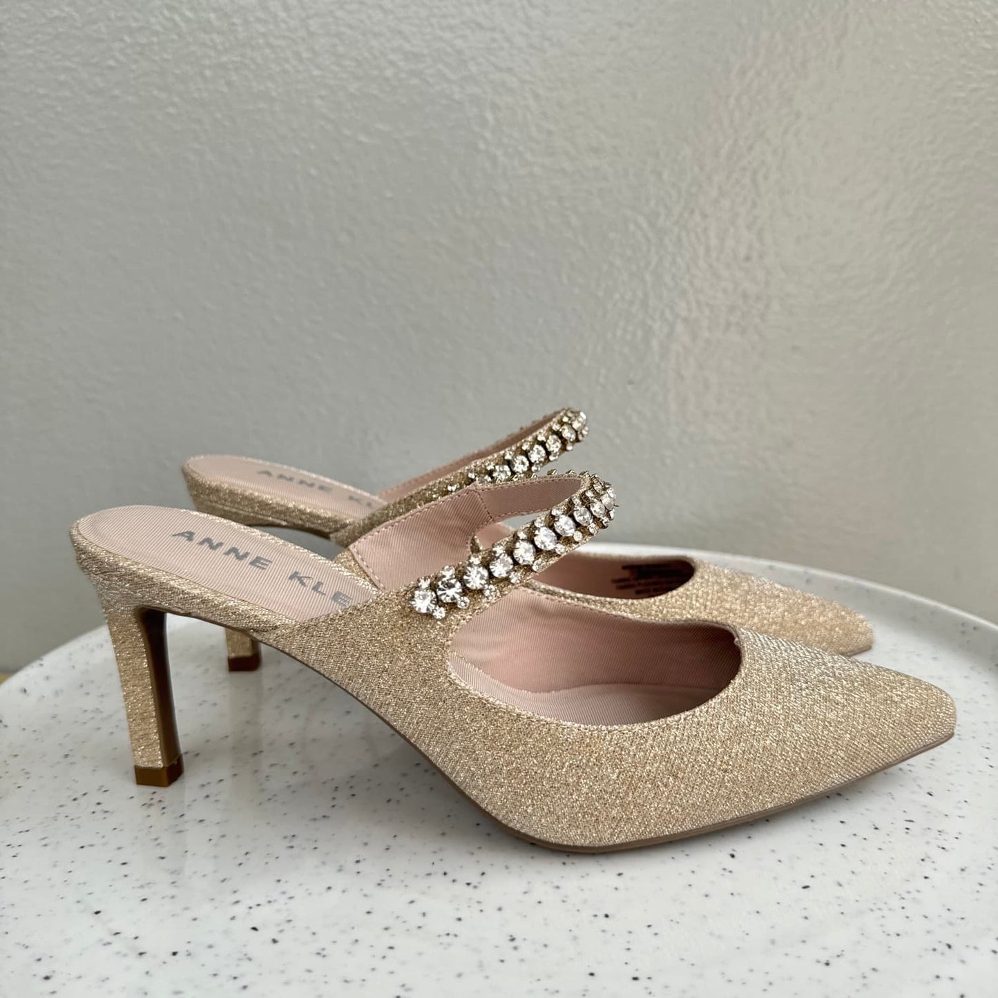 Anne Klein Bridal Slippers – Pointed Toe Shimmer Fabric Heeled Mule (Size 40)