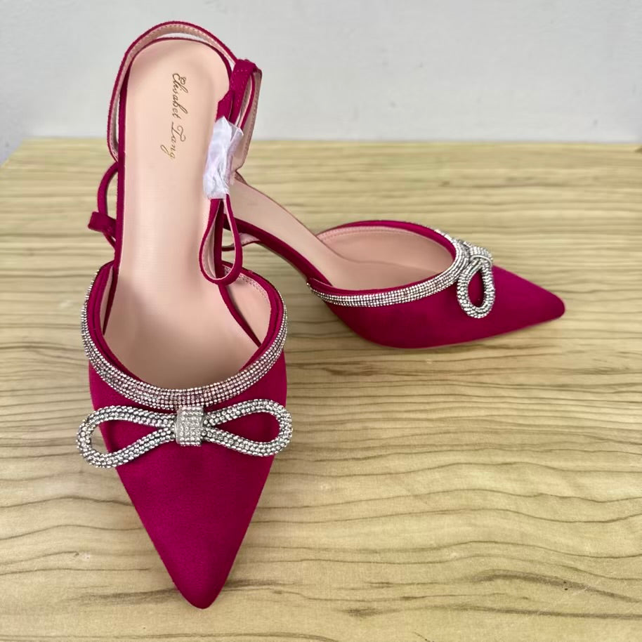 Bow Detail Ankle Strap Suede Pointed Toe Heeled Shoe