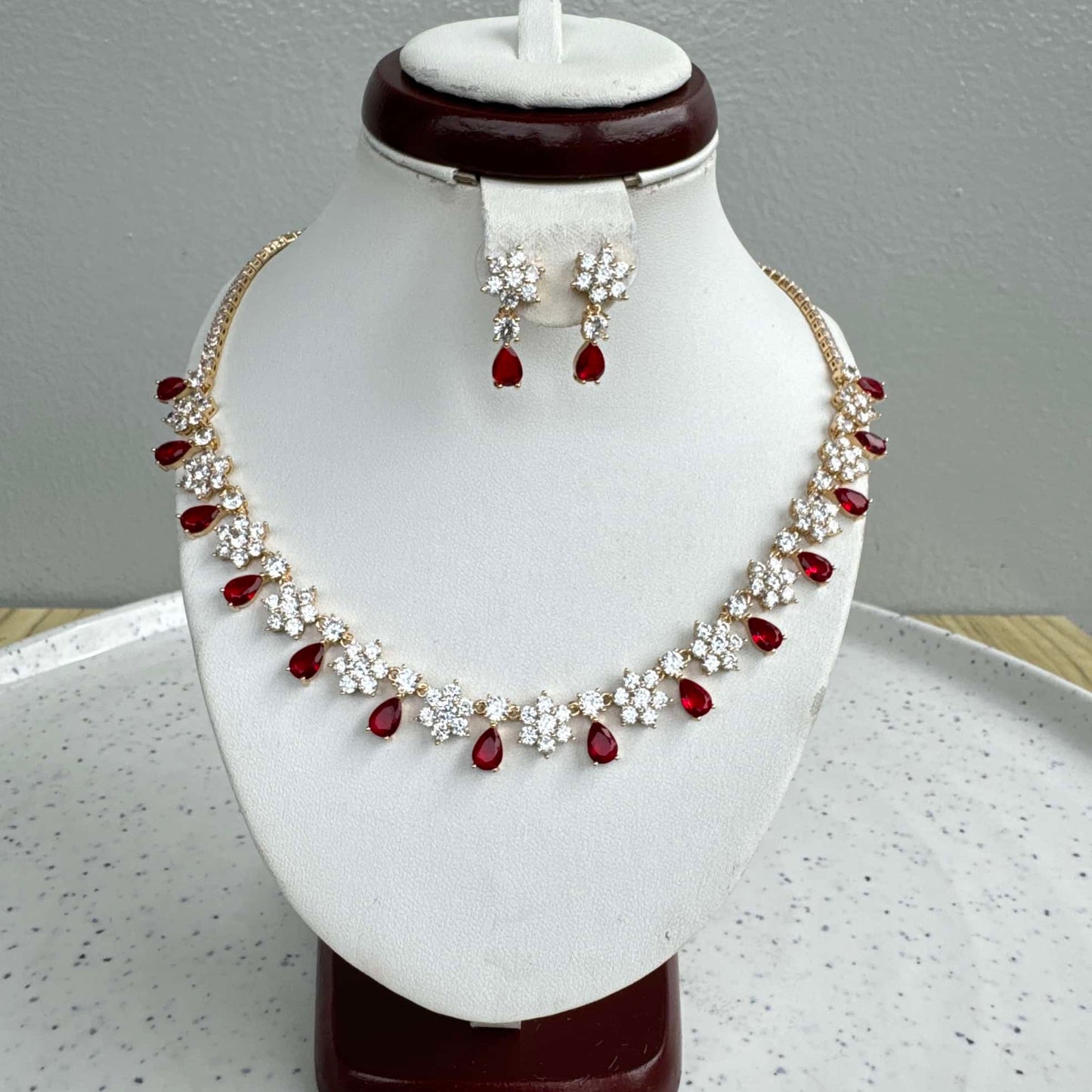 Round Gold Tone Cubic Zirconia Necklace and Earring Set - Red