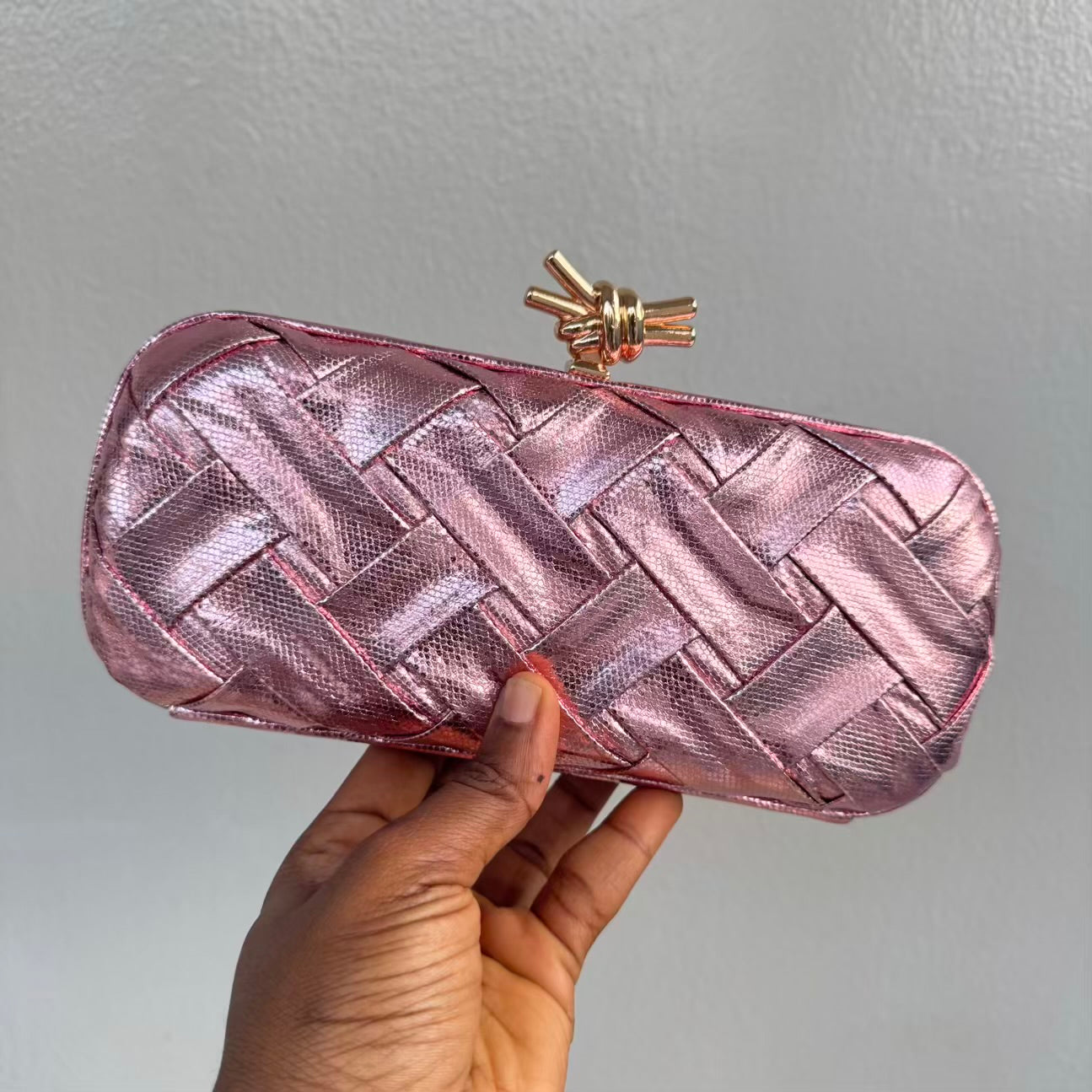 Weave Detail Metallic Knot Clutch Purse