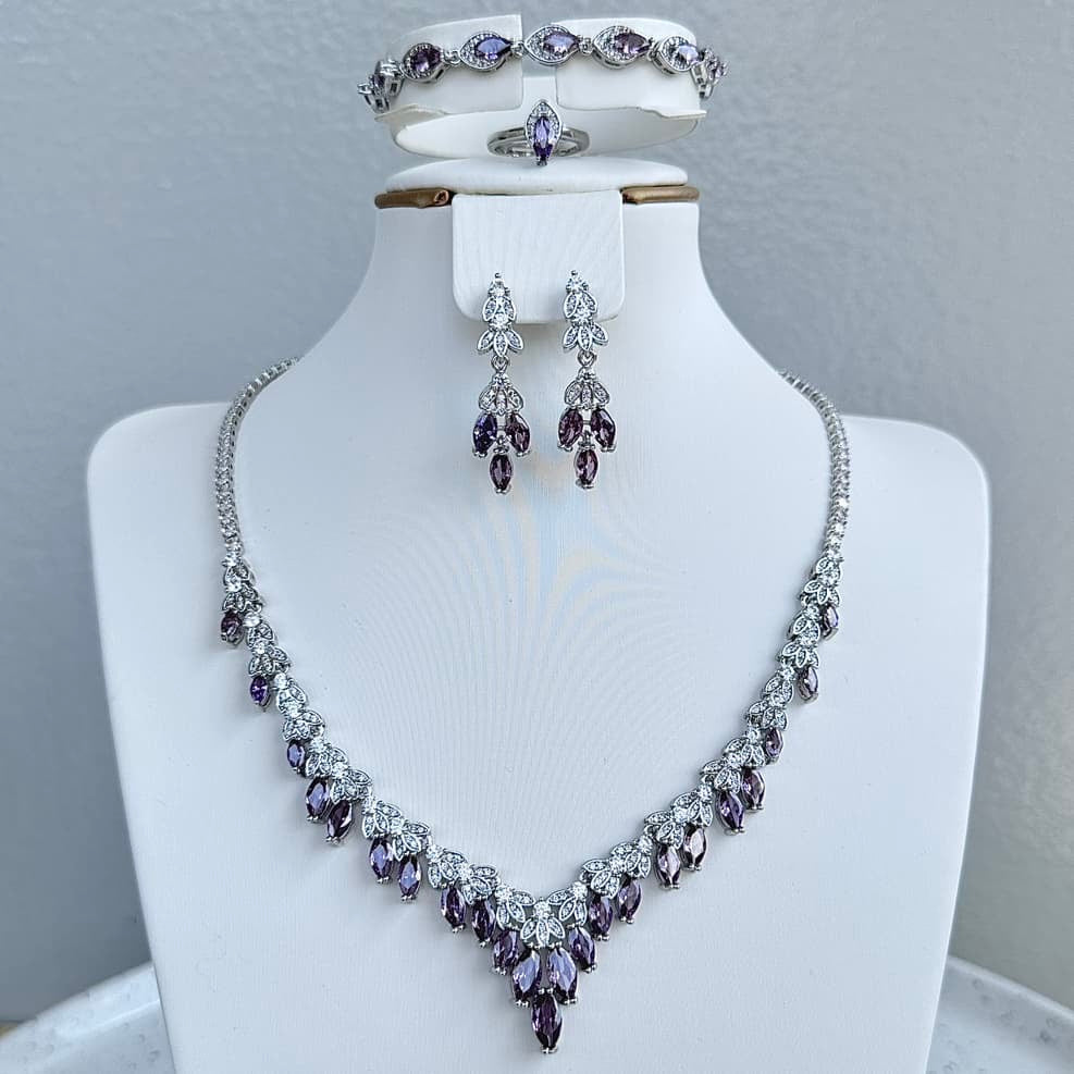 Simple V Shape Cubic Zirconia 4 Piece Jewelry Set - Purple
