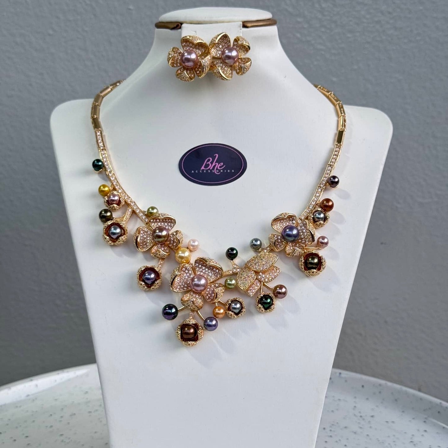 Luxury Statement 2 Piece Multicolour Pearl Cubic Zirconia Jewelry Set