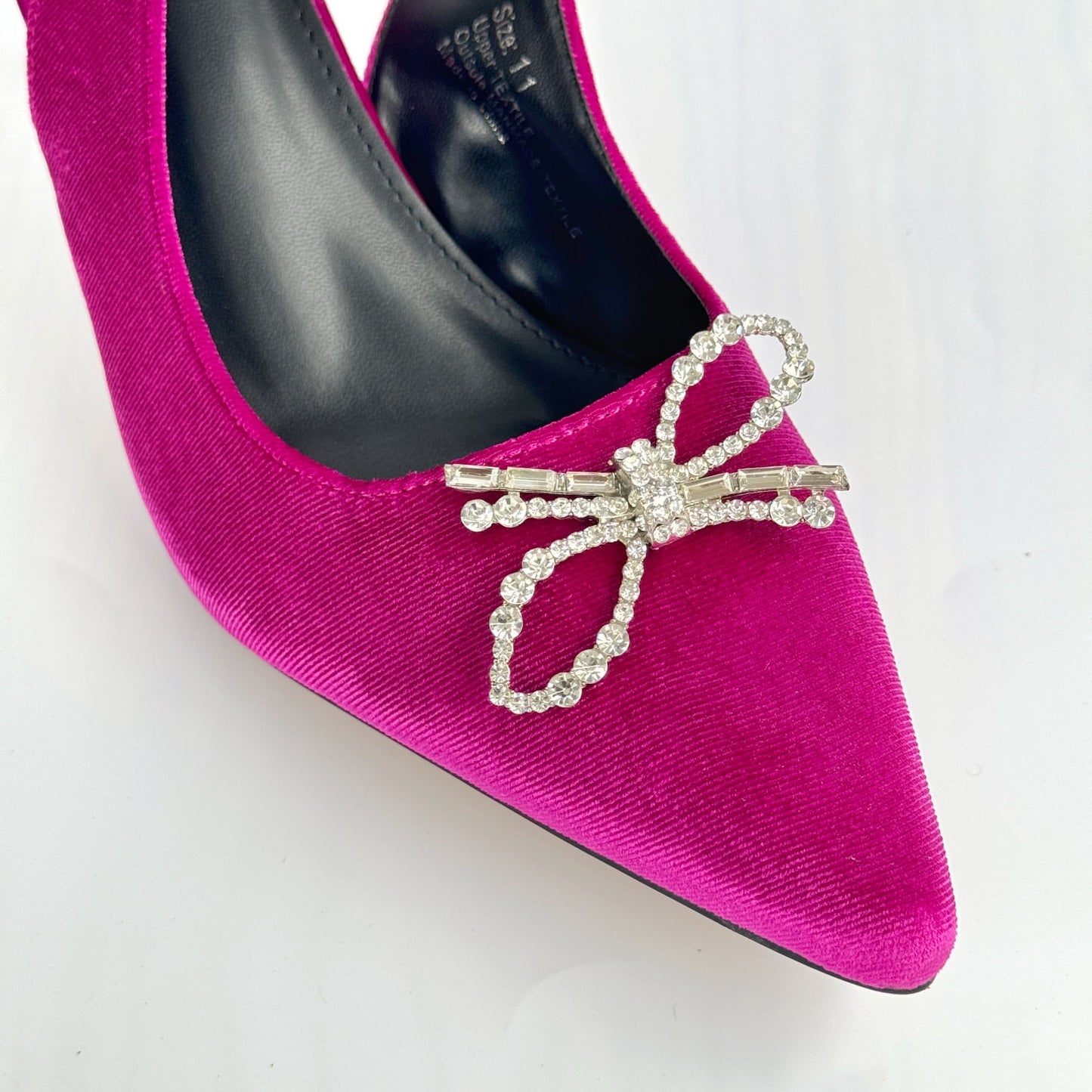 Pointed Toe Velvet Slingback with Crystal Bow - Magenta