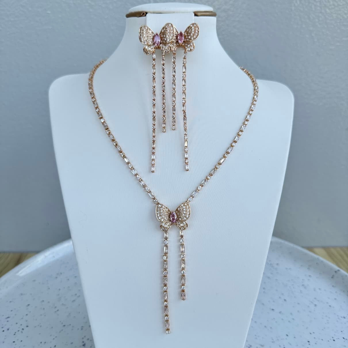 Cubic Zirconia Butterfly Long Necklace and Earring Set