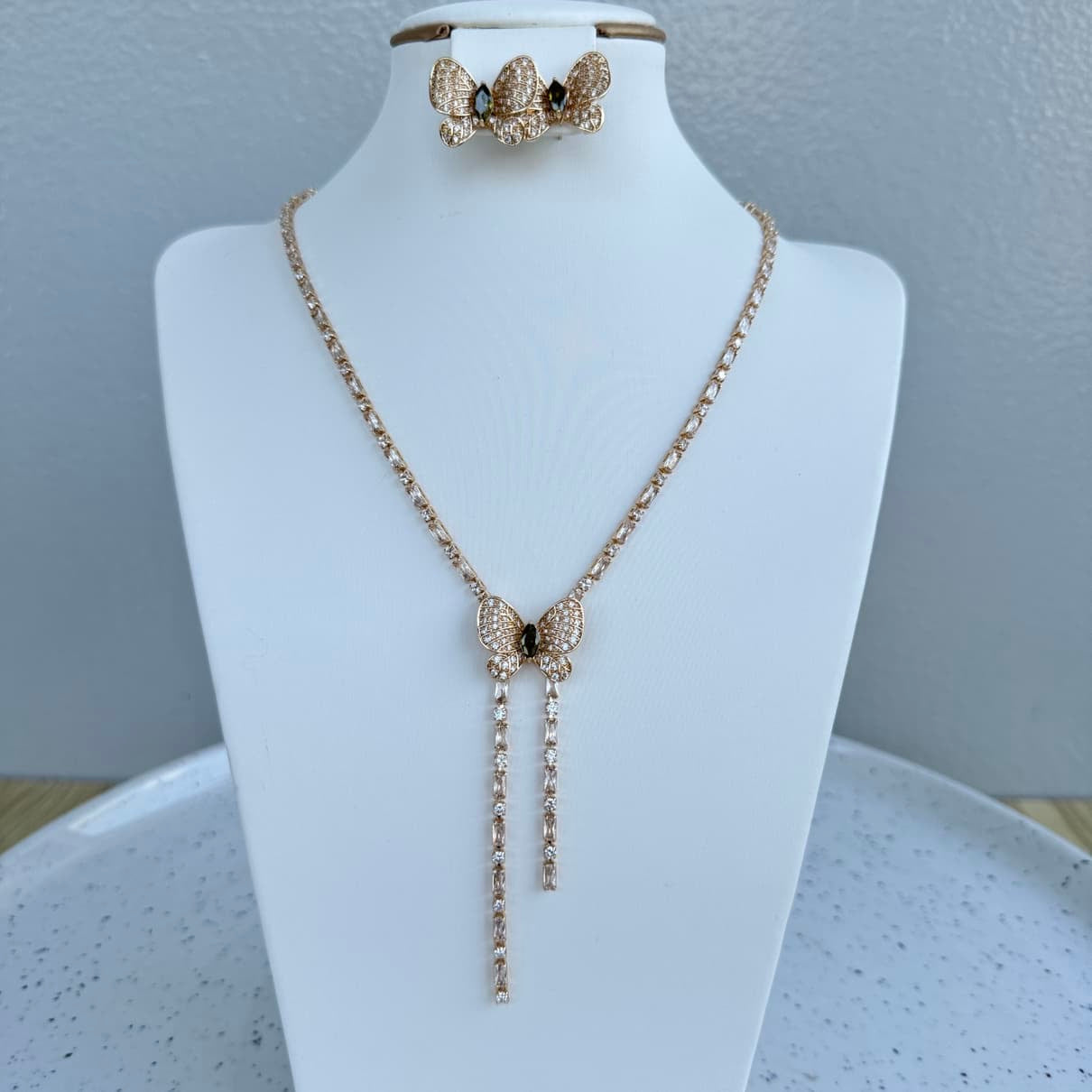 Cubic Zirconia Butterfly Long Necklace and Earring Set