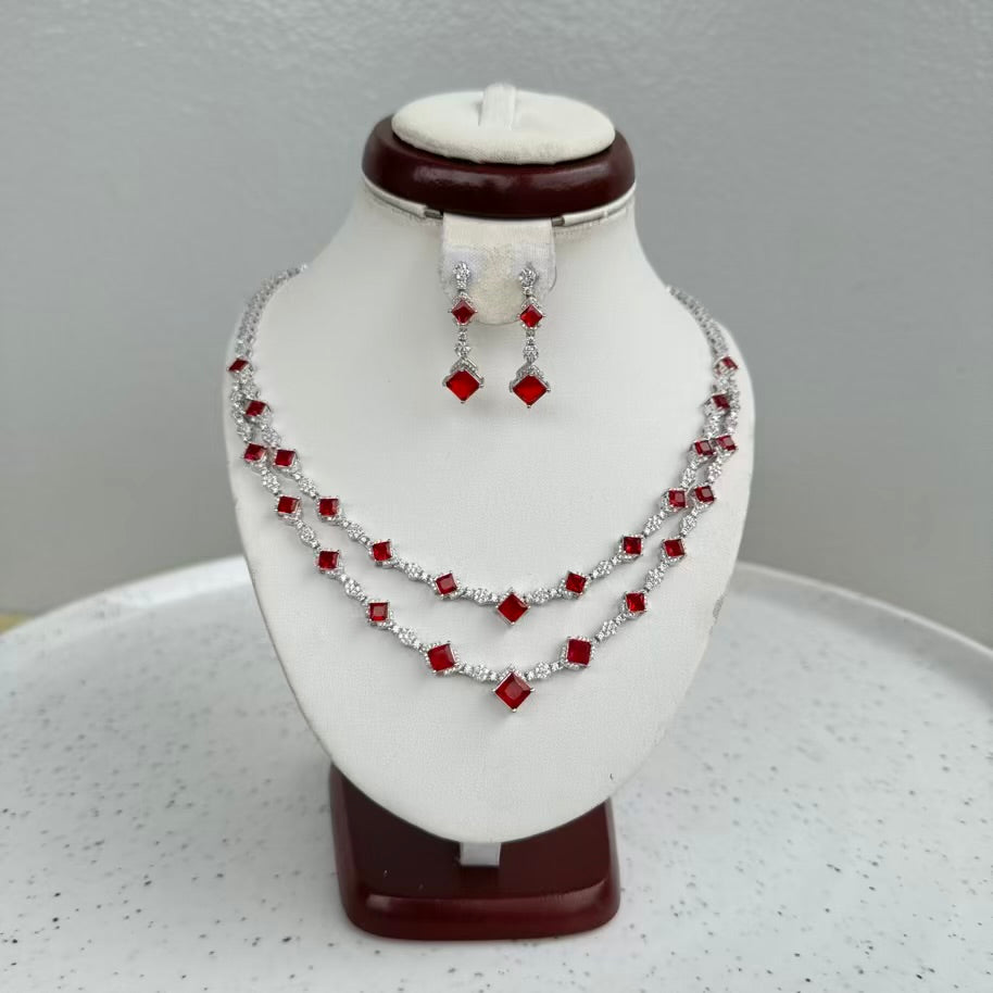 Double Row Red Luxury 2 Piece Cubic Zirconia Jewelry Set