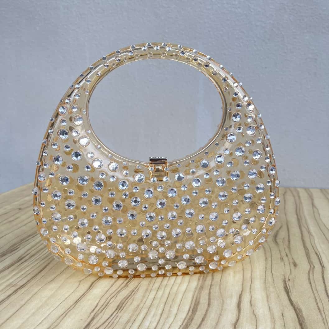 Top Handle Embellished Transparent Clutch Bag - Gold