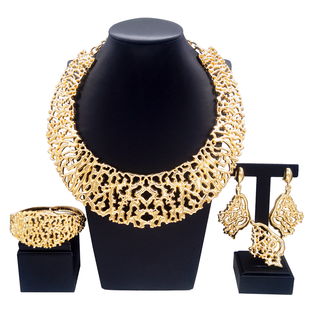 Italian Design Round Patterned Plated Jewelry Set - Gold