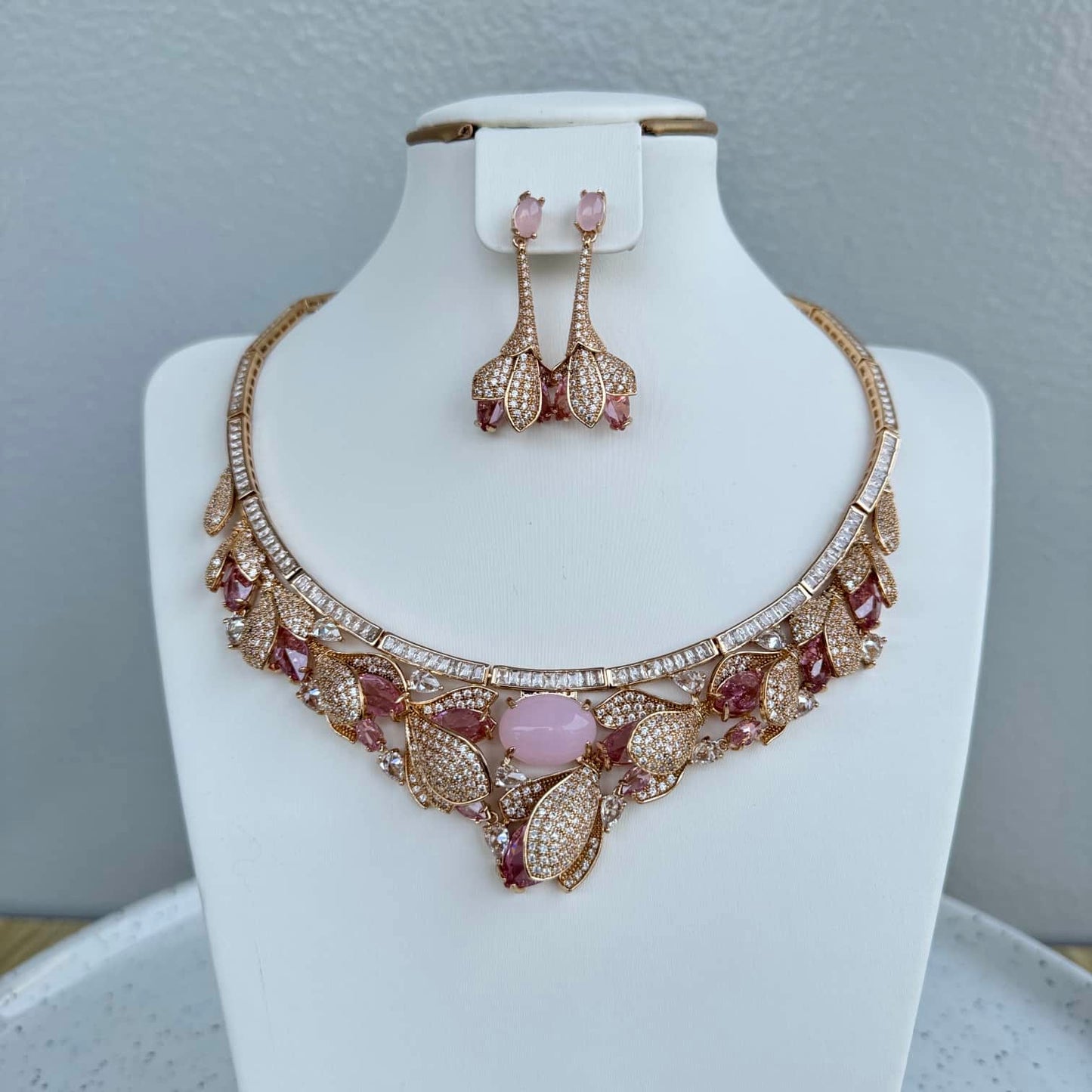 Luxury Statement Cubic Zirconia Necklace and Earring Set - Pink