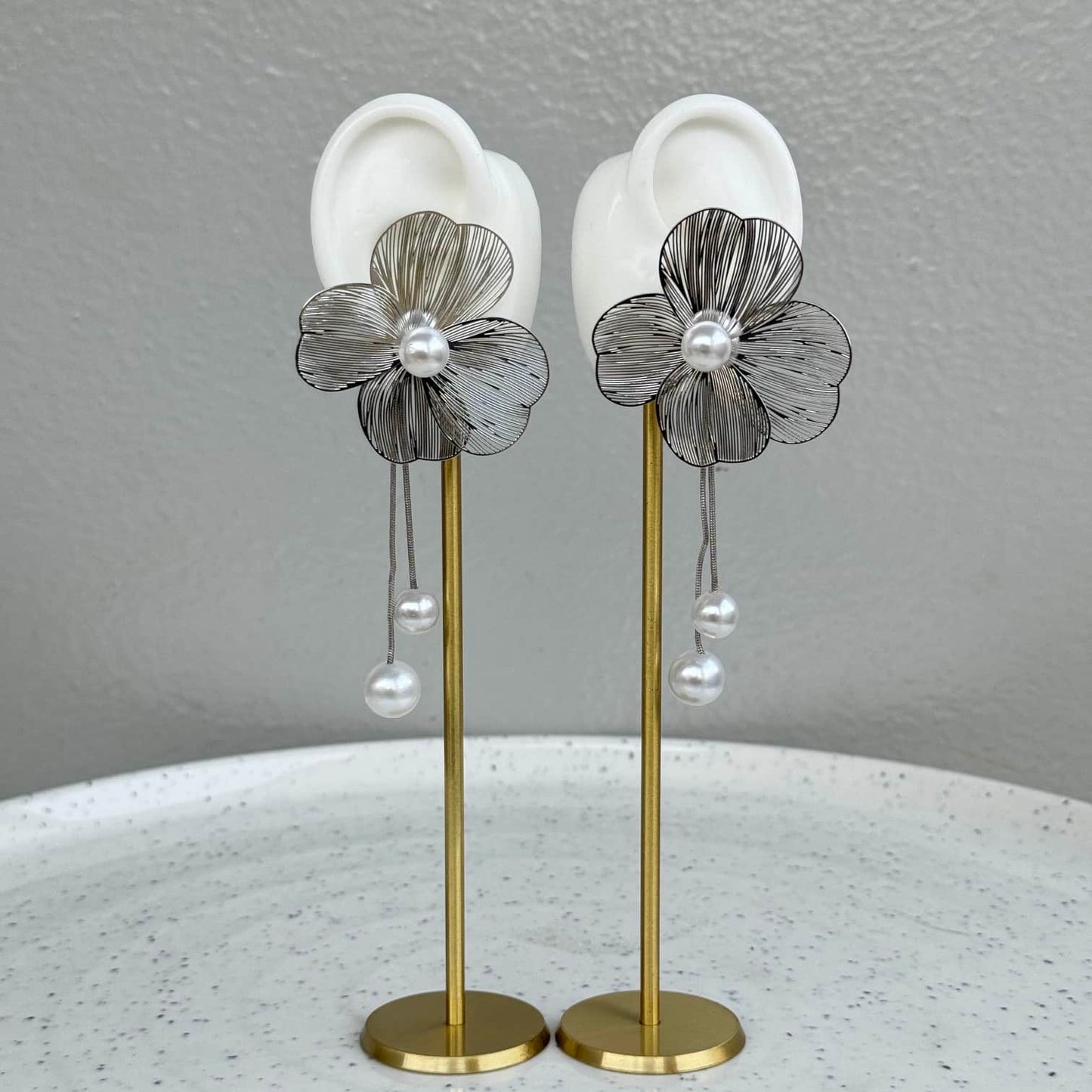 Big Stud Flower Silver Pearl Earrings with Detachable Pearl Tassel