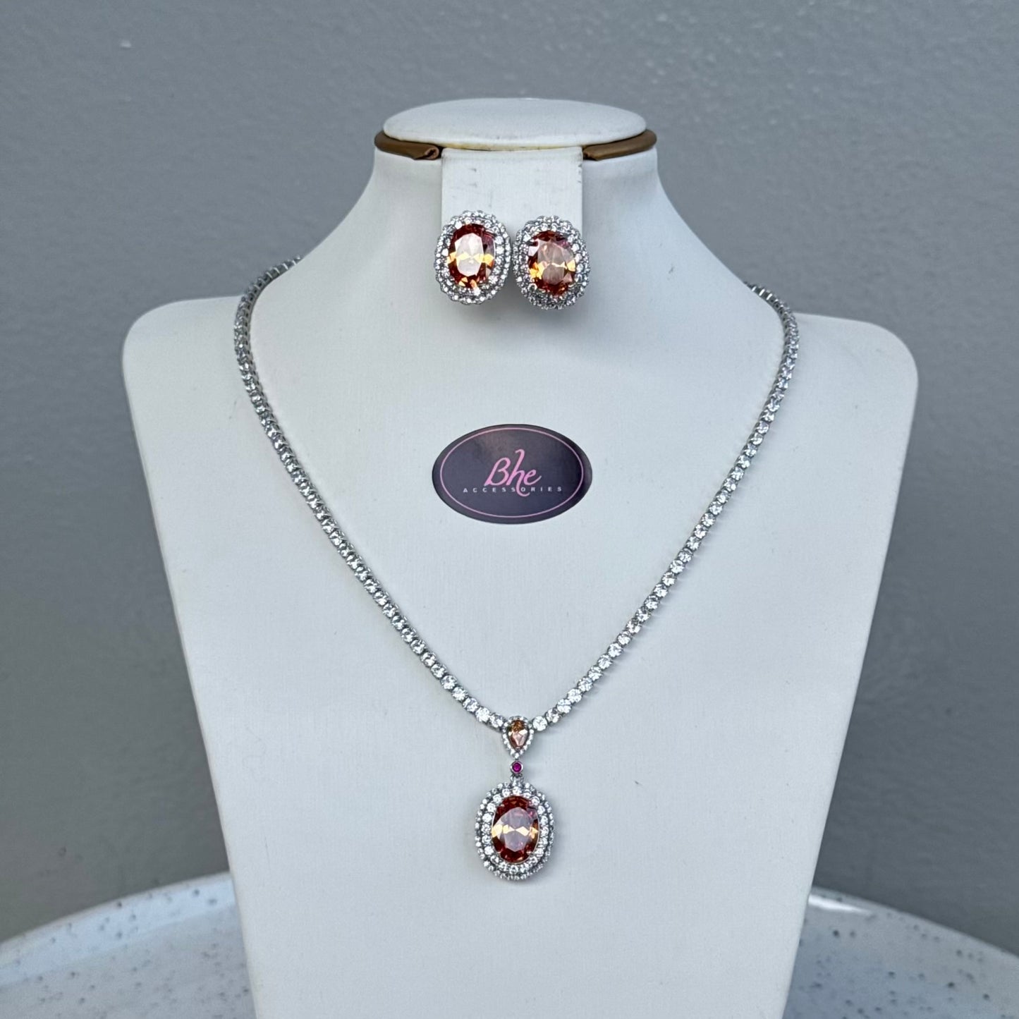 Drop Pendant Cubic Zirconia Necklace and Stud Earring Set