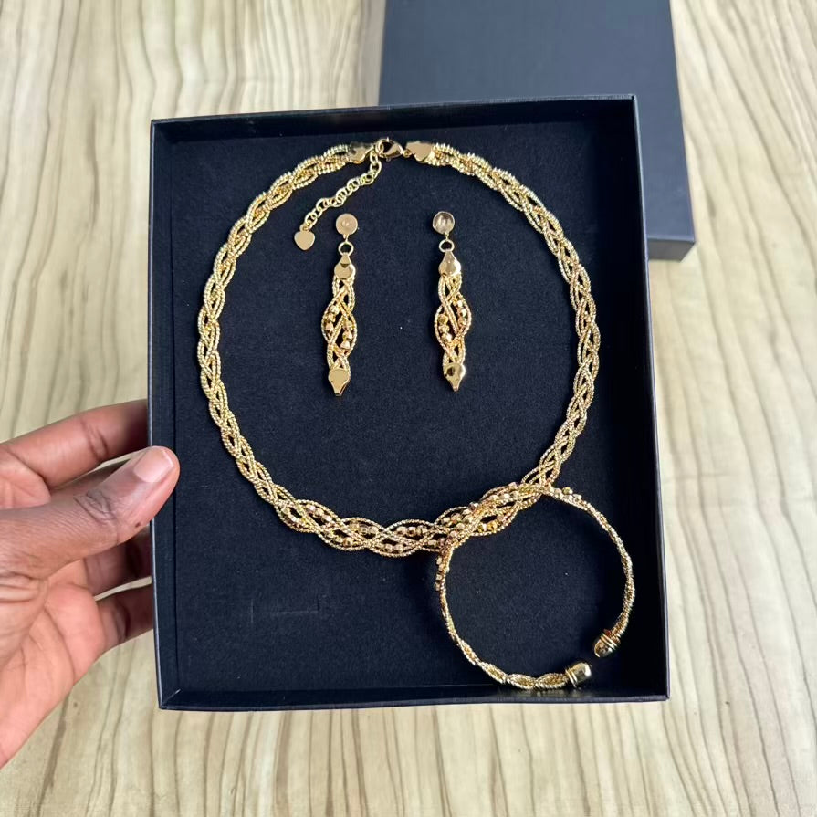 24K Gold Plated Weave Cord Necklace, Earrings and Bangle Set
