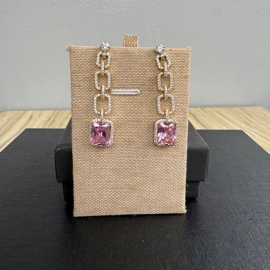 Gold Plated Chain Link Drop Earrings - Pink
