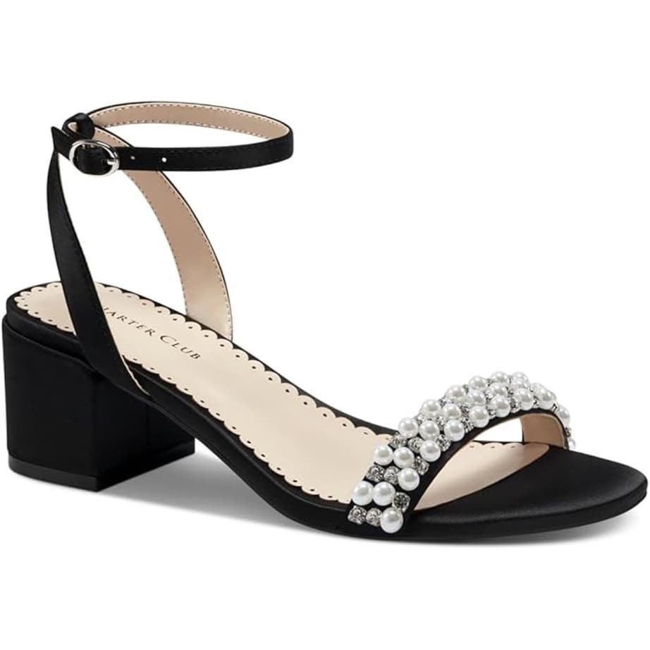 Charter Club Pearl Embellished Satin Block Heel Sandal