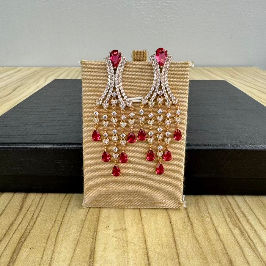 Gold Plated Tassel Earrings - Ruby Red
