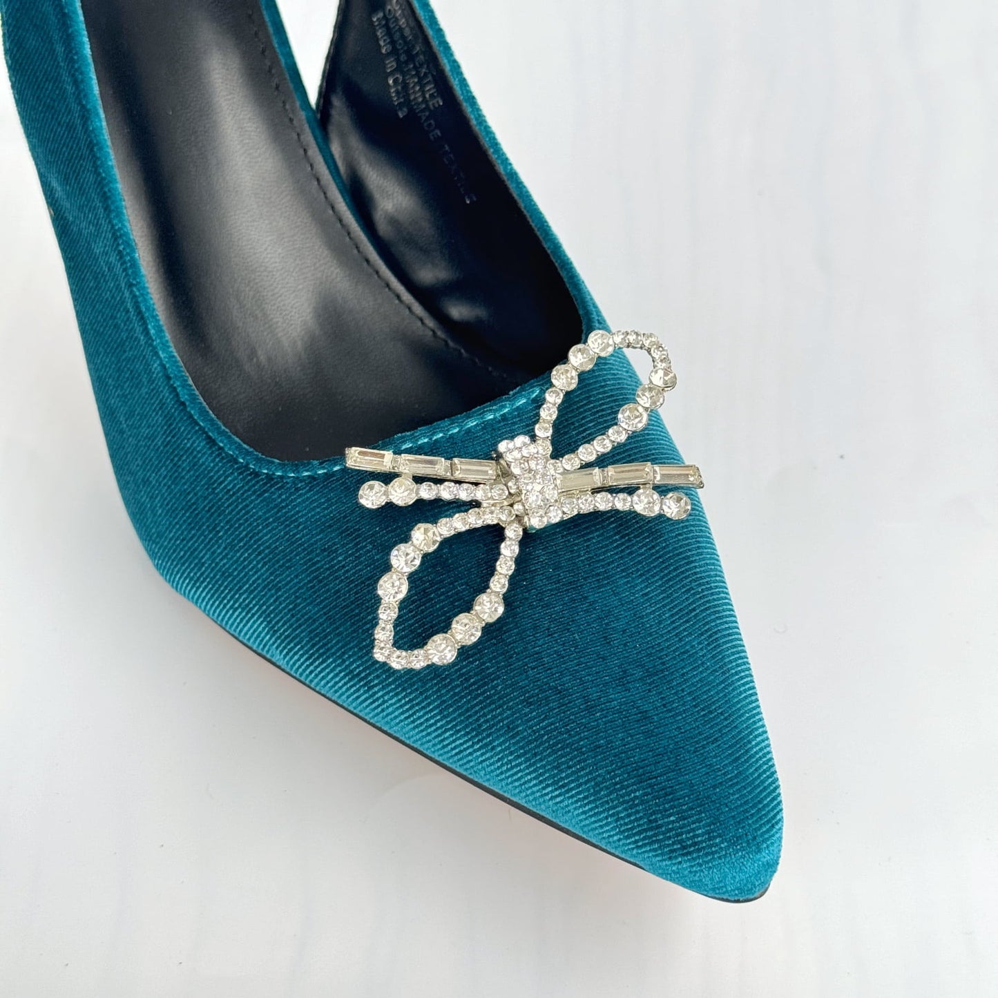 Pointed Toe Velvet Slingback with Crystal Bow - Teal