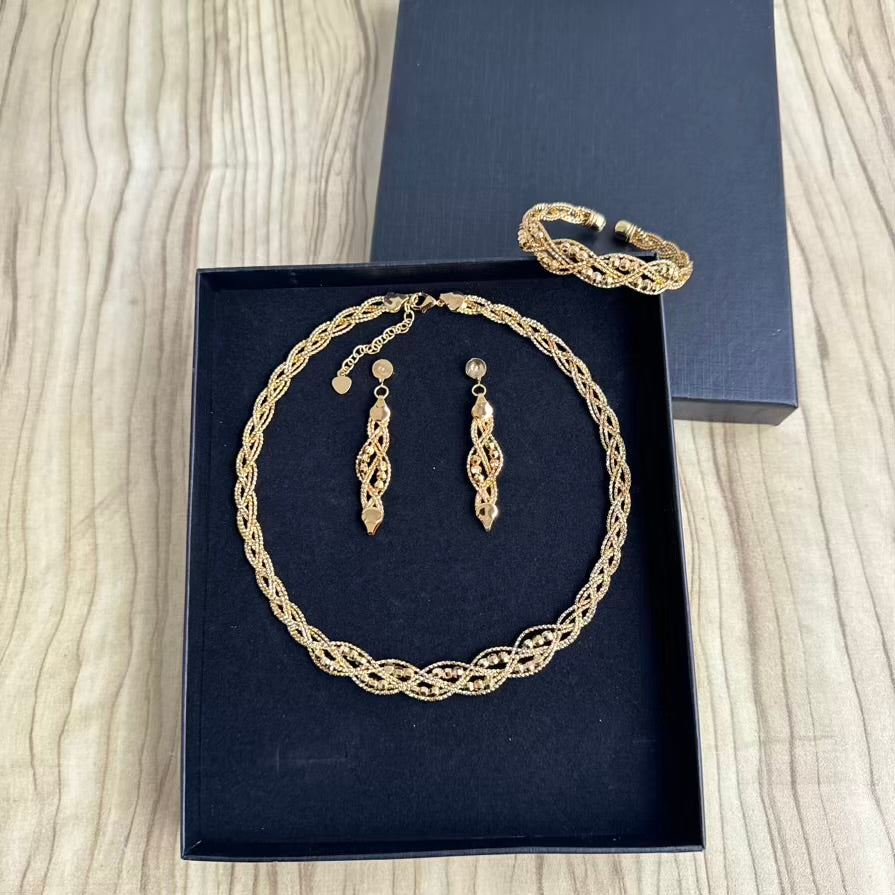 24K Gold Plated Weave Cord Necklace, Earrings and Bangle Set