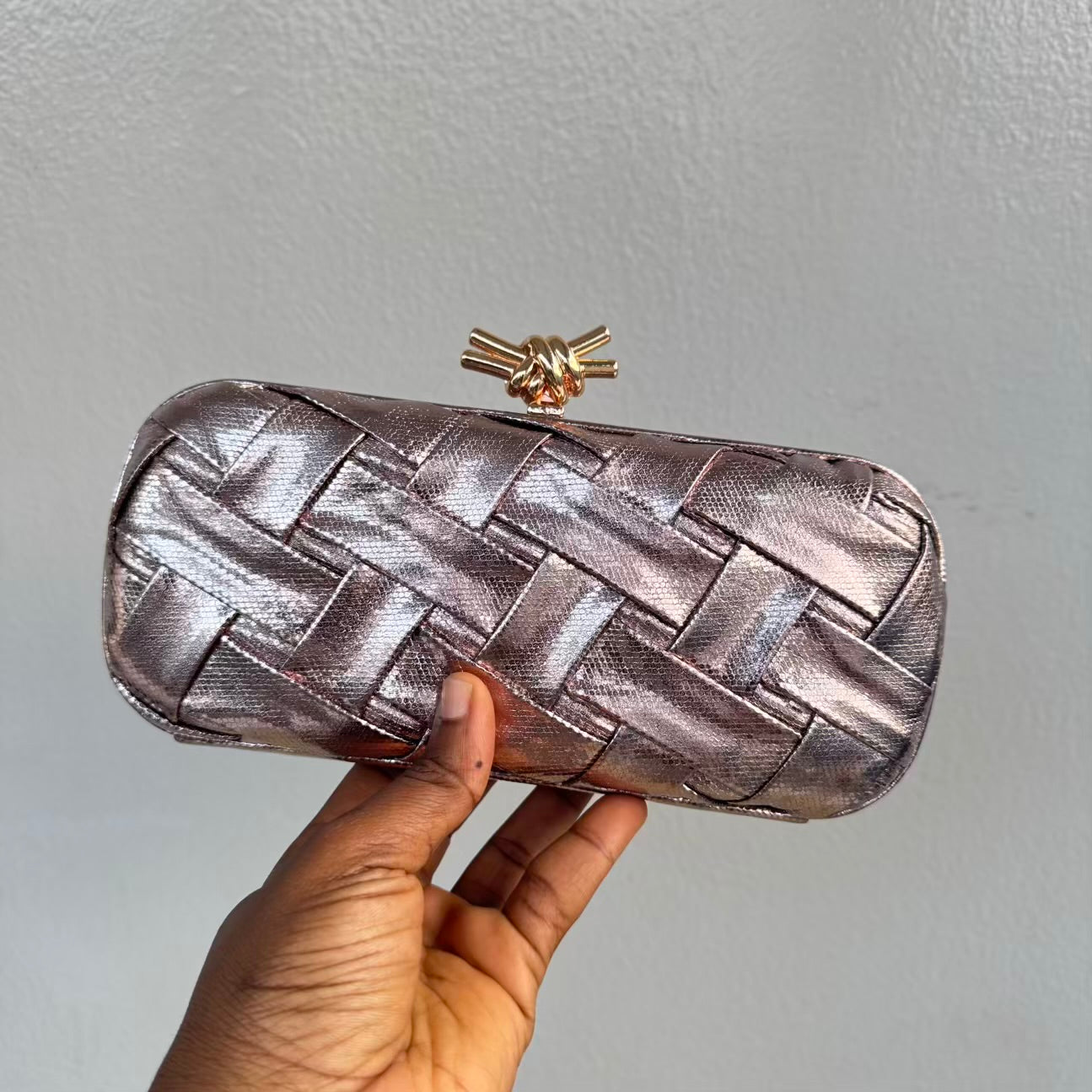 Weave Detail Metallic Knot Clutch Purse