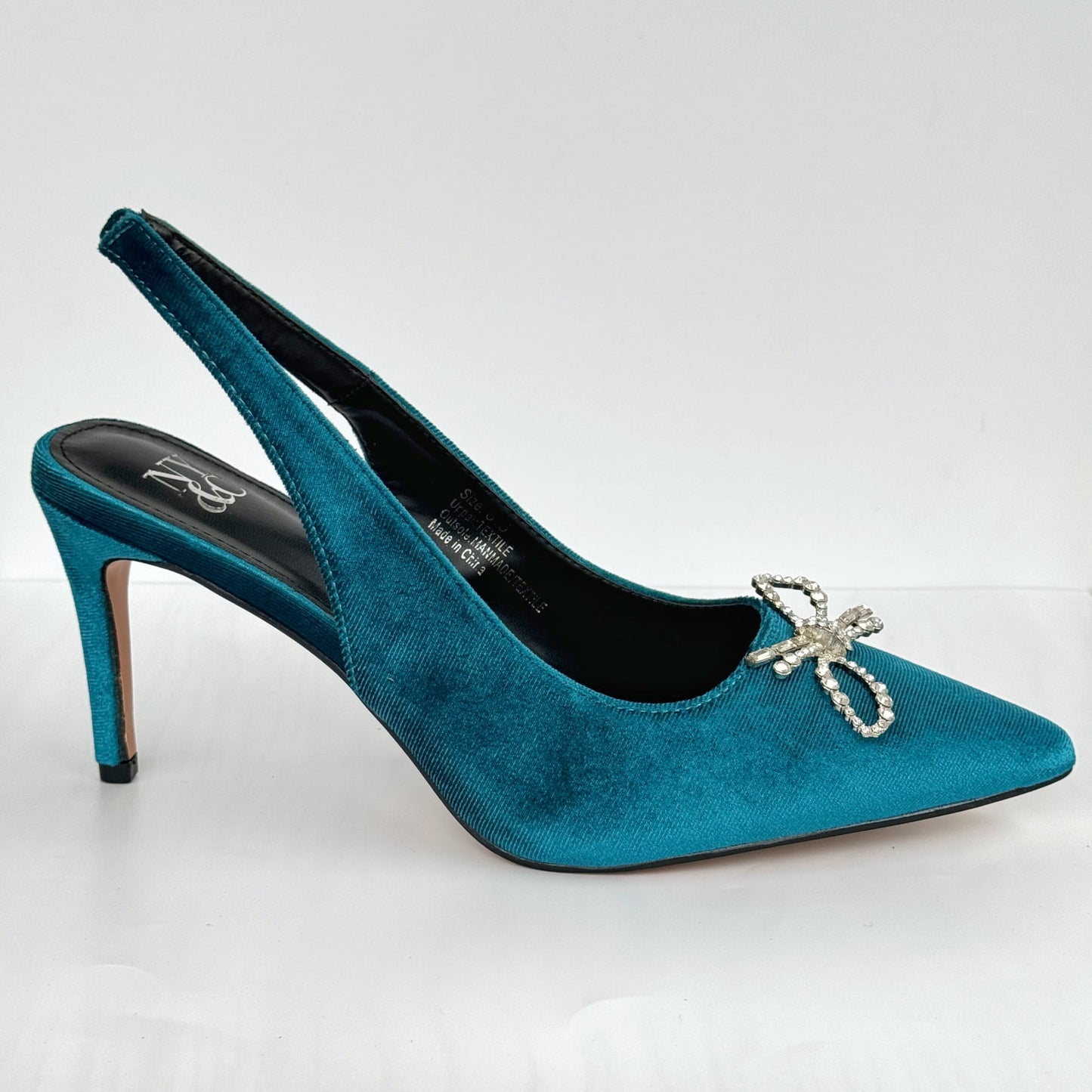 Pointed Toe Velvet Slingback with Crystal Bow - Teal