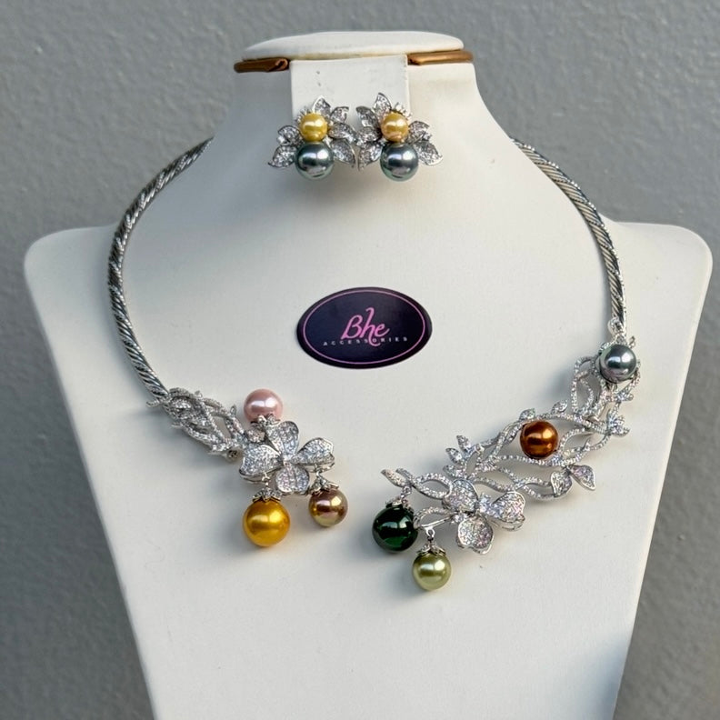 Luxury Statement 2-Piece Multicolour Pearl Cubic Zirconia Choker Set