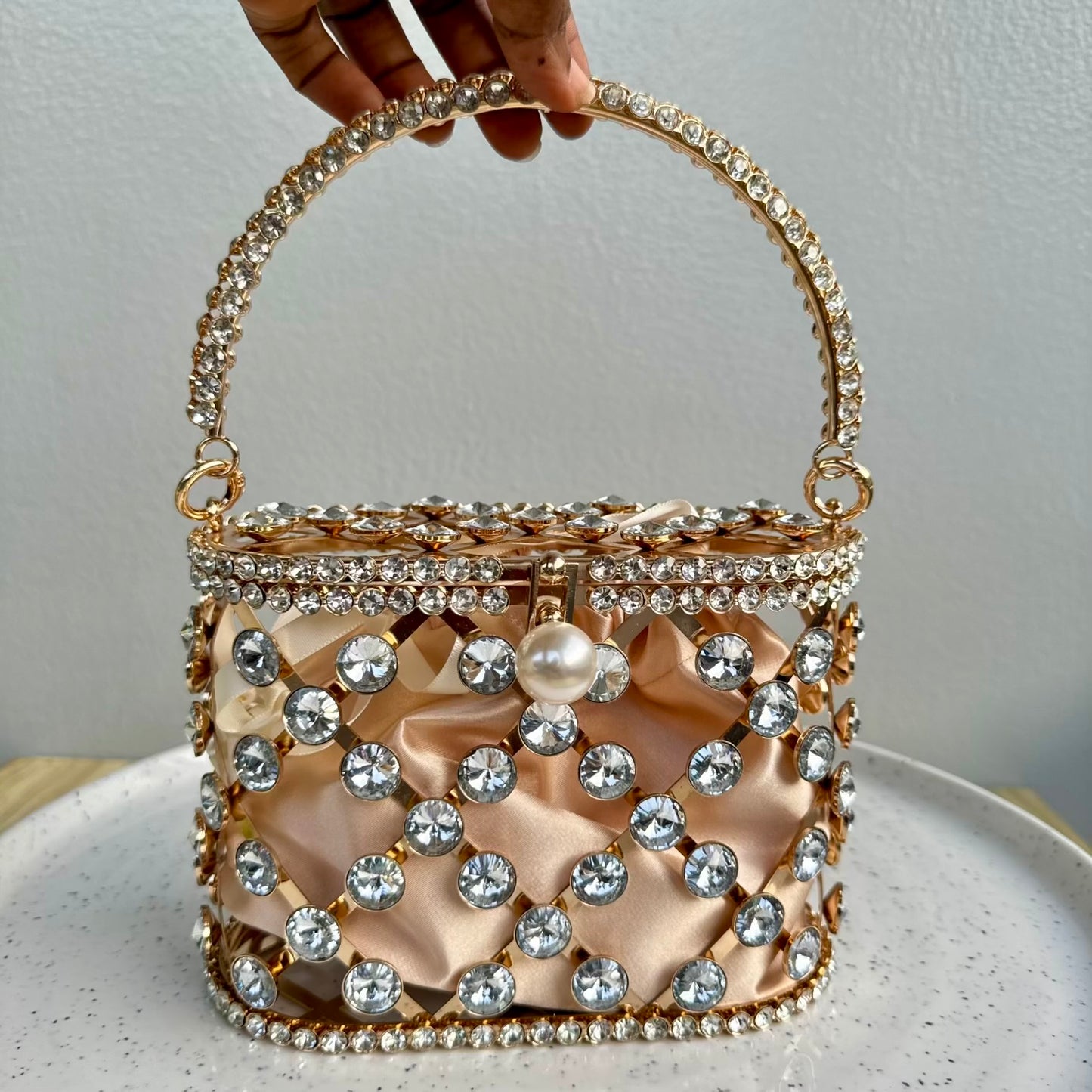 Lattice Rhinestone Cage Clutch with Lid Closure