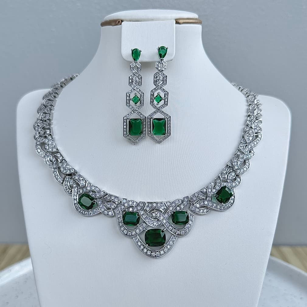 Statement Round Luxury Cubic Zirconia Necklace and Earring Set - Green