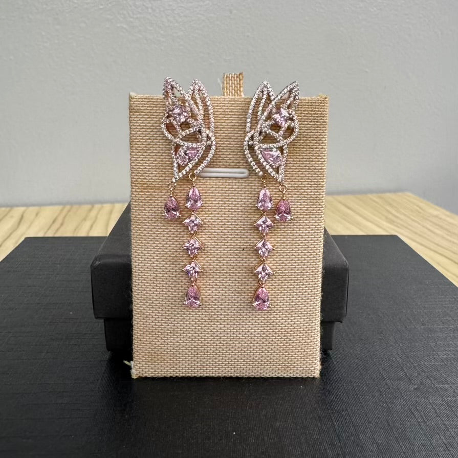 Gold Plated Butterfly Long Earrings - Pink