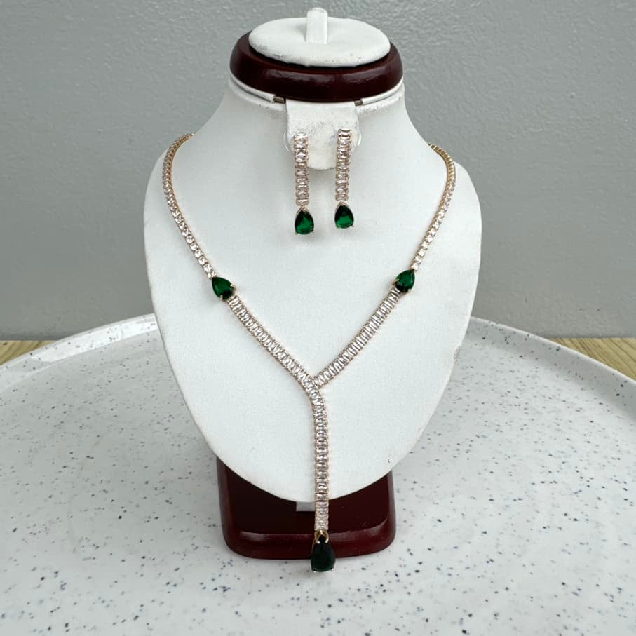 Gold Plated Long Pendant Cubic Zirconia Necklace and Earring Jewelry Set - Green