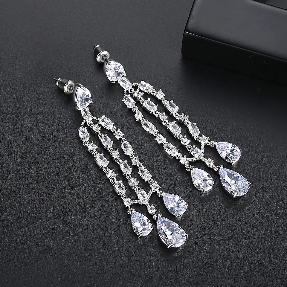 Long Chandelier Cubic Zirconia Bridal Earrings