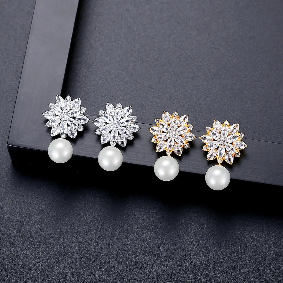 Floral Cubic Zirconia Pearl Stud Bridal Earrings