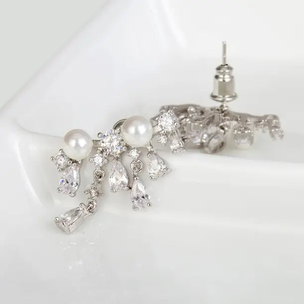 Statement Cubic Zirconia Stud Pearl Earrings