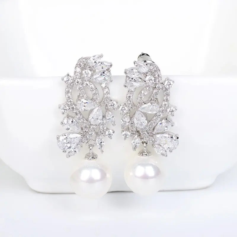 Small Cubic Zirconia Drop Pearl Earrings