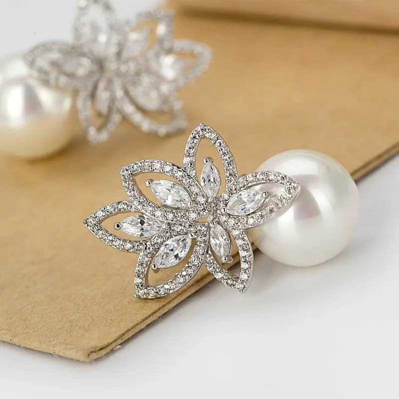Floral Detail Cubic Zirconia Stud Pearl Earrings