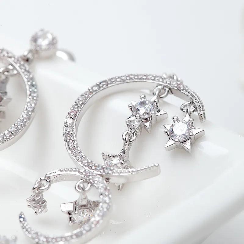 Moon Star Long Cubic Zirconia Bridal Earrings