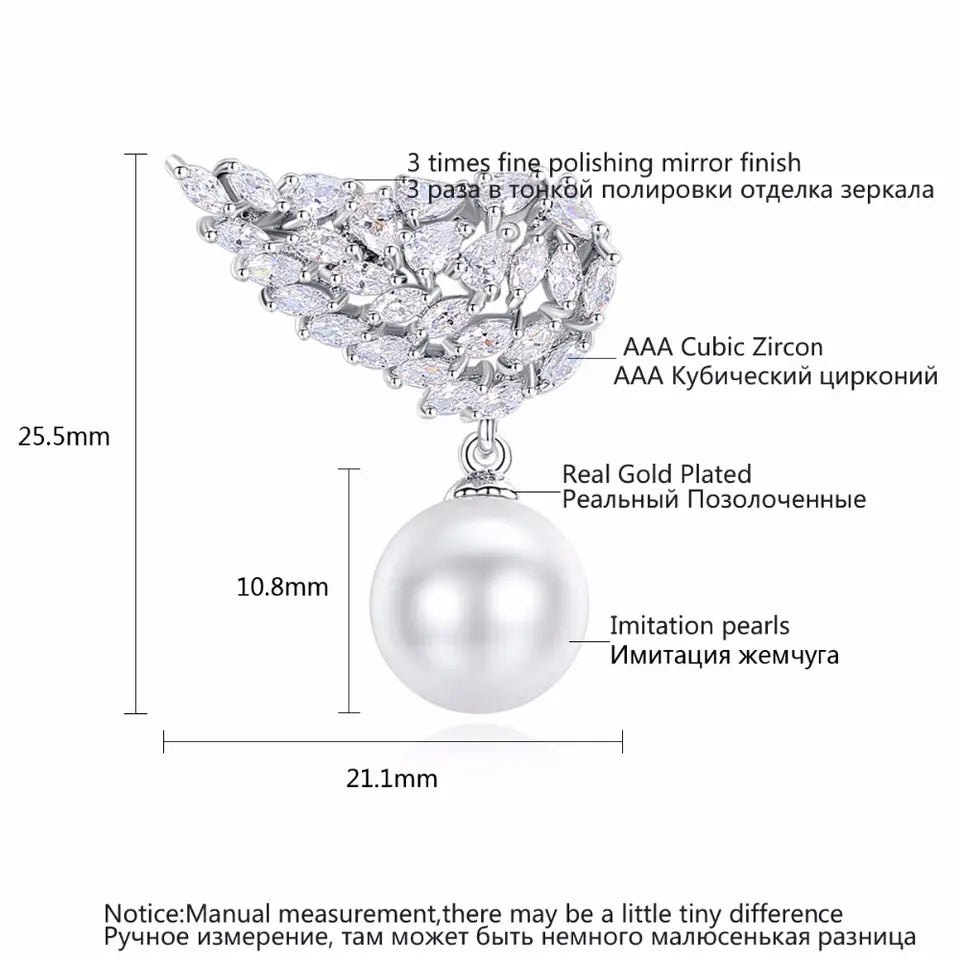 Angel Wing Cubic Zirconia Stud Pearl Earrings