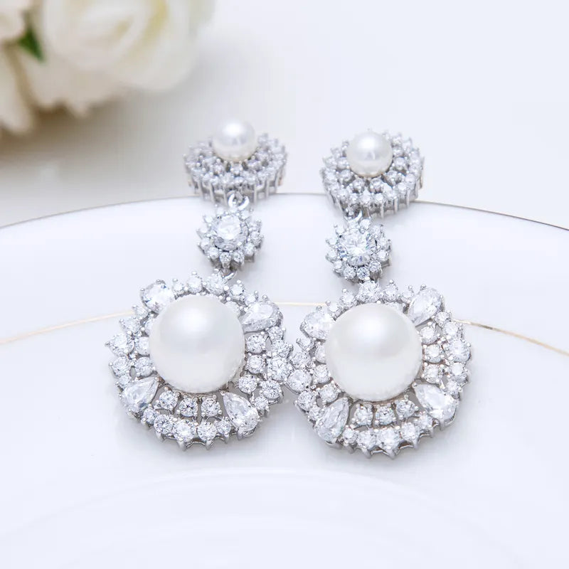 Cubic Zirconia Drop Pearl Earrings