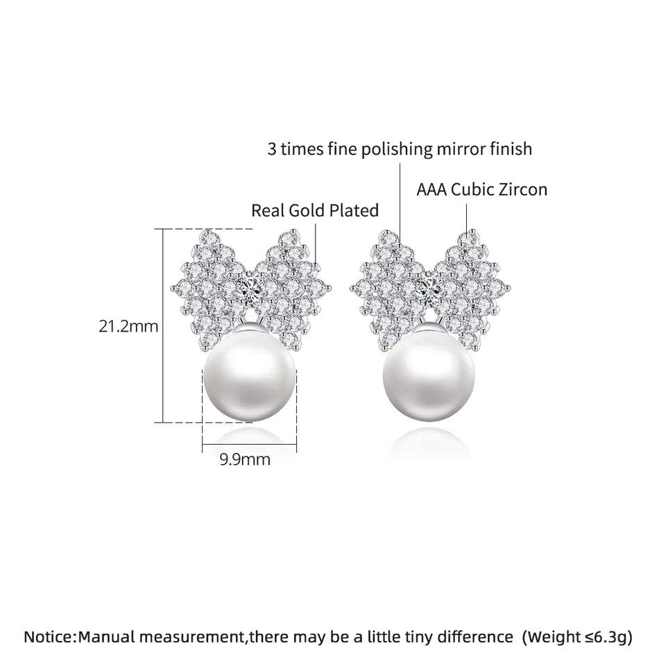 Pearl Bow Cubic Zirconia Stud Bridal Earrings