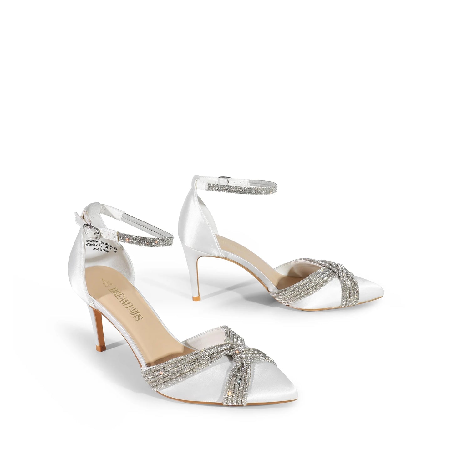 Pointed Toe Crystal Cross Detail Satin Heeled Shoe