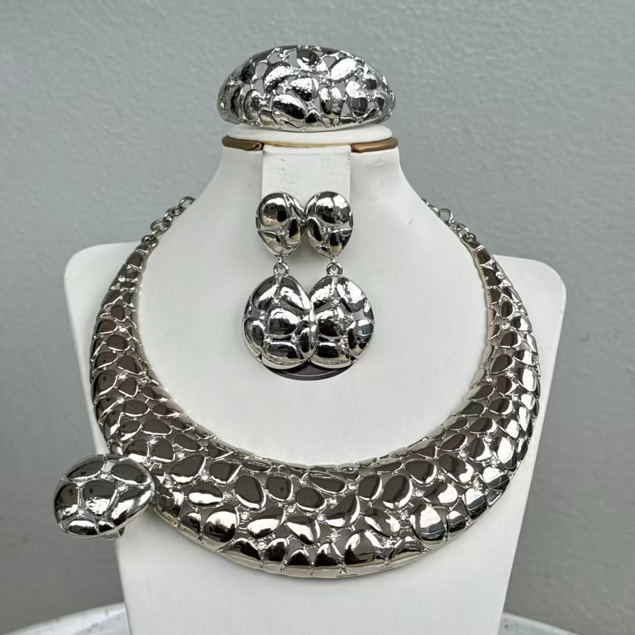 Italian Design Round Plated Jewelry Set - Silver