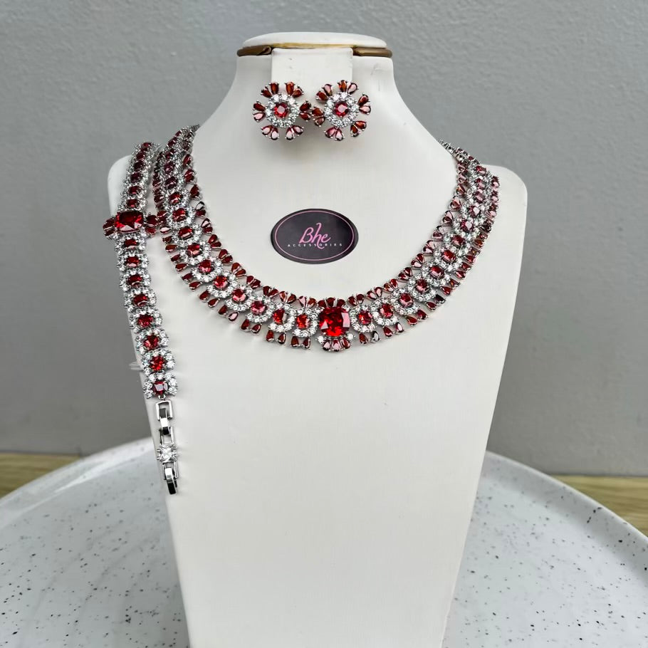 Statement Round Luxury Cubic Zirconia Jewelry Set - Wine