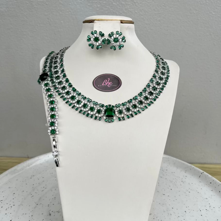 Statement Round Luxury Cubic Zirconia Jewelry Set - Green
