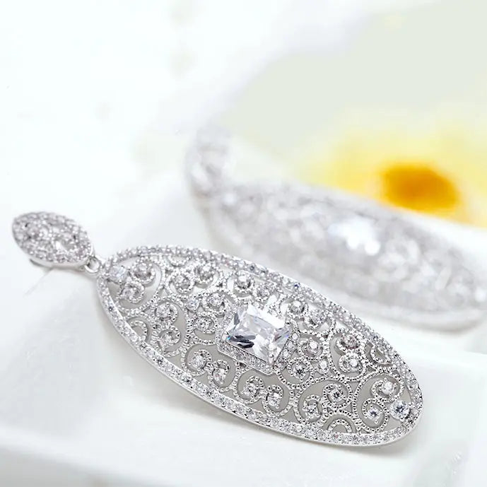 Long Oval Cubic Zirconia Bridal Earrings