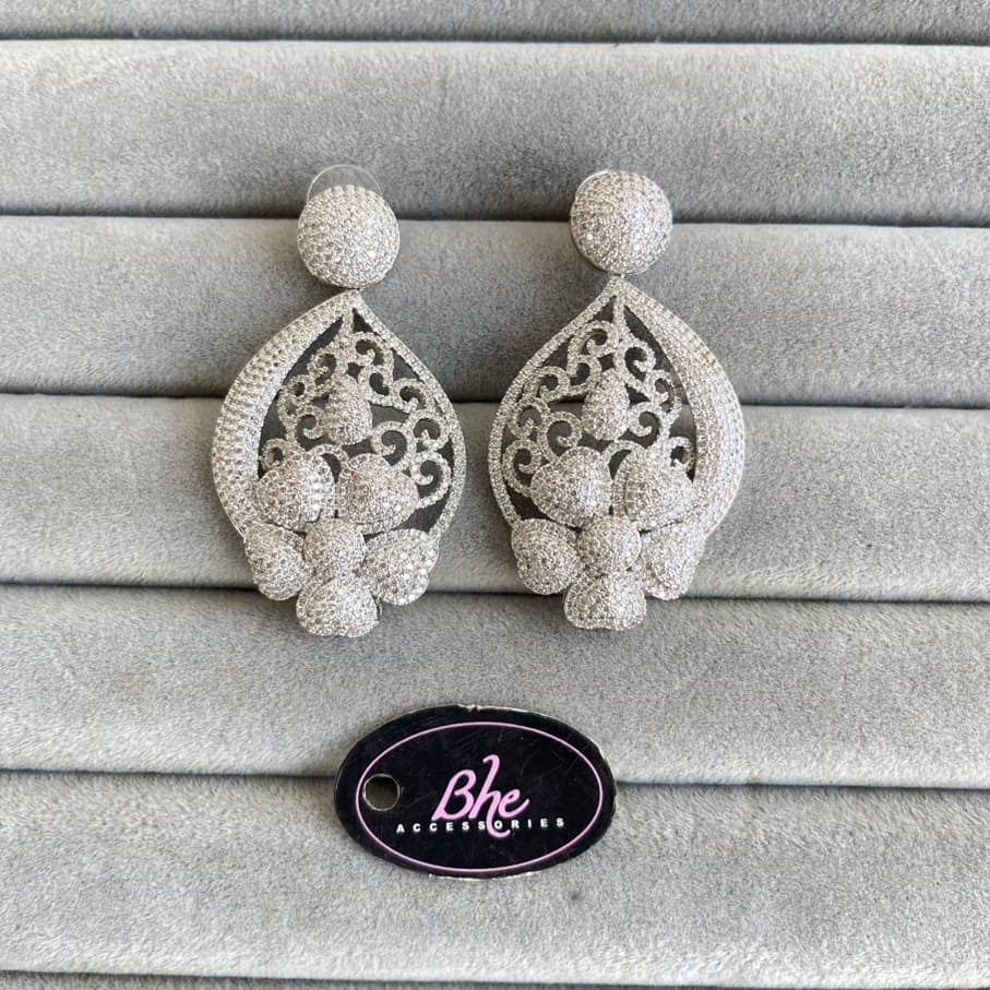 Floral Cubic Zirconia Earrings - 2 Tone, Silver