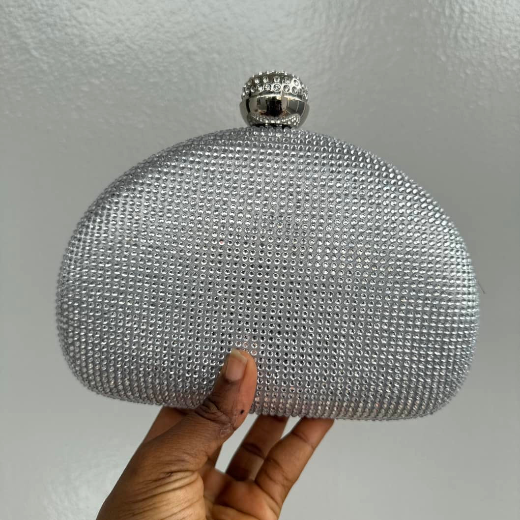 Half Moon Crystal Embellished Clutch Purse - Silver