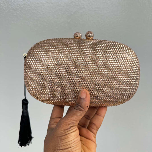 Oval Fully Embellished Crystal Clutch - Rosegold