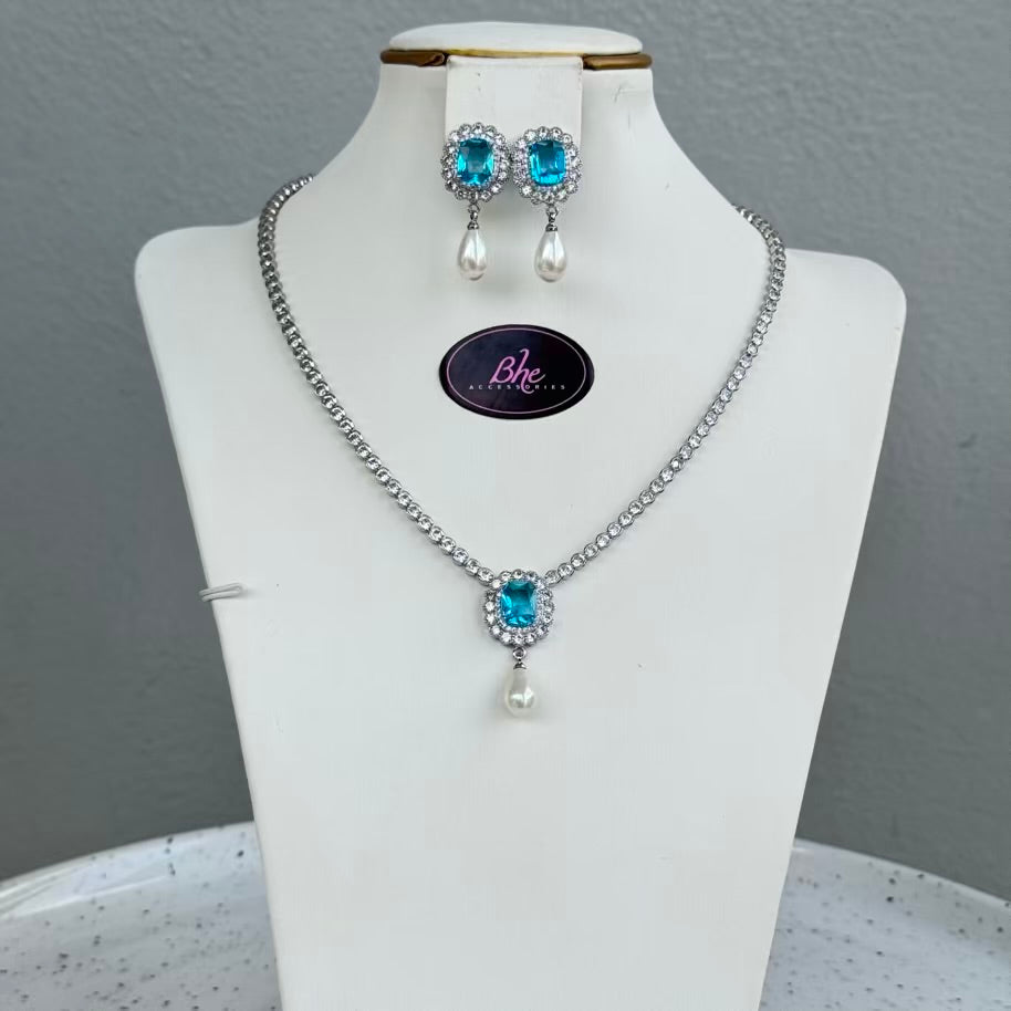 Pearl Drop Pendant Necklace and Earring Cubic Zirconia Jewelry Set - Turquoise